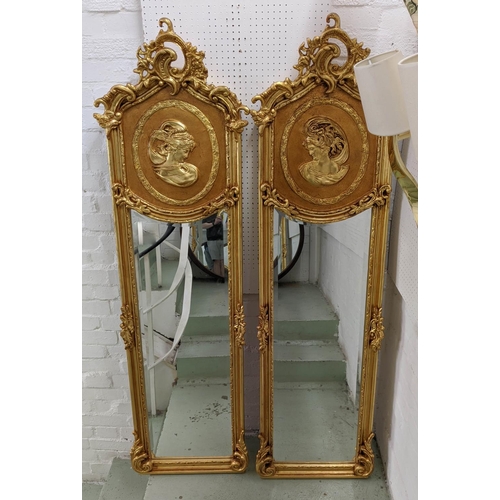 392 - PIER MIRRORS, a pair, 178cm x 52cm each, belle époque style, gilt frames.