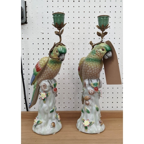 393 - CANDELABRA, a pair, 36cm H, in the form of parrots, glazed ceramic, gilt metal mounts. (2)