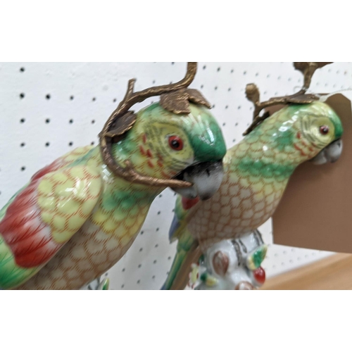 393 - CANDELABRA, a pair, 36cm H, in the form of parrots, glazed ceramic, gilt metal mounts. (2)