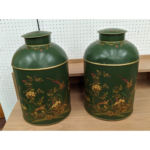 394 - TOLEWARE STYLE TEA URNS, a pair, 36cm H x 23cm diam. approx.