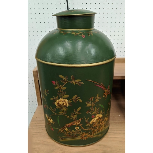 394 - TOLEWARE STYLE TEA URNS, a pair, 36cm H x 23cm diam. approx.