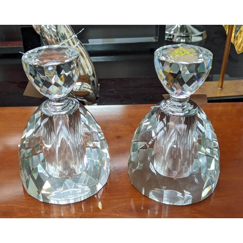 395 - PERFUME BOTTLES, a pair, 22cm H, French art deco style, cut glass.