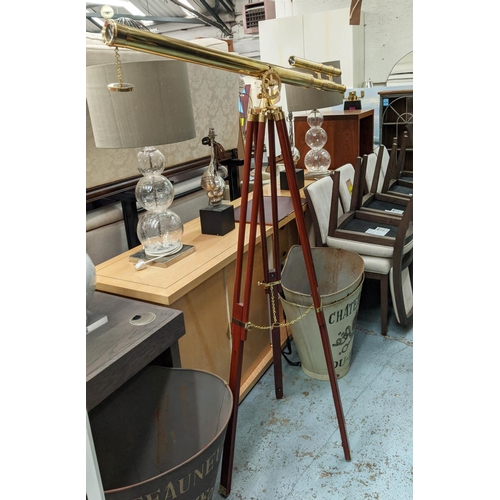 396 - TELESCOPE, gilt metal, on tripod stand, 198cm H at tallest.