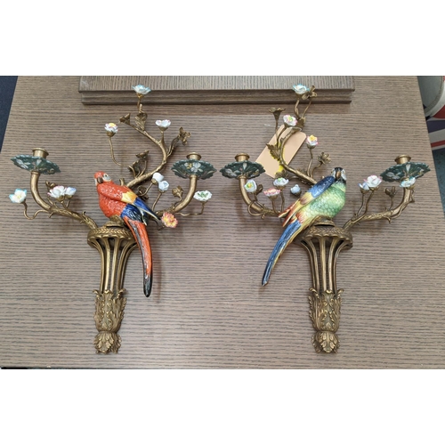 397 - WALL SCONCES, a pair, 60cm x 43cm x 12cm, in the form of parrots amongst floral and foliate display,... 