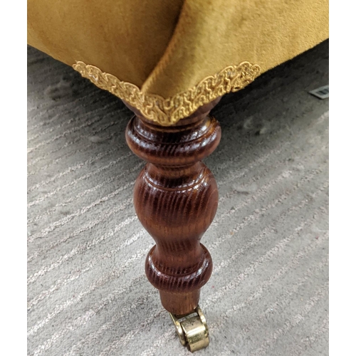 398 - HEARTH STOOL, 150cm x 92cm x 32cm, Victorian style, buttoned mustard velvet upholstered