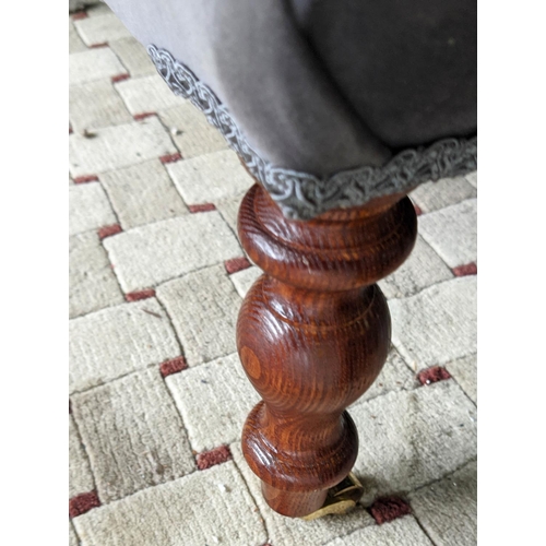 399 - HEARTH STOOL, 150cm x 92cm x 32cm, Victorian style, buttoned grey velvet upholstered.