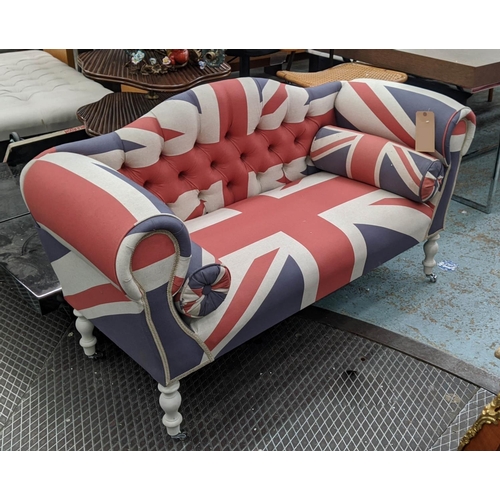 400 - SOFA, 140cm W, button back Victorian style, upholstered in a union jack printed upholstery.