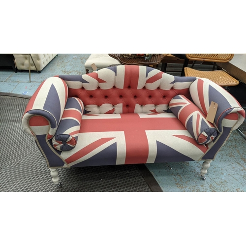 400 - SOFA, 140cm W, button back Victorian style, upholstered in a union jack printed upholstery.