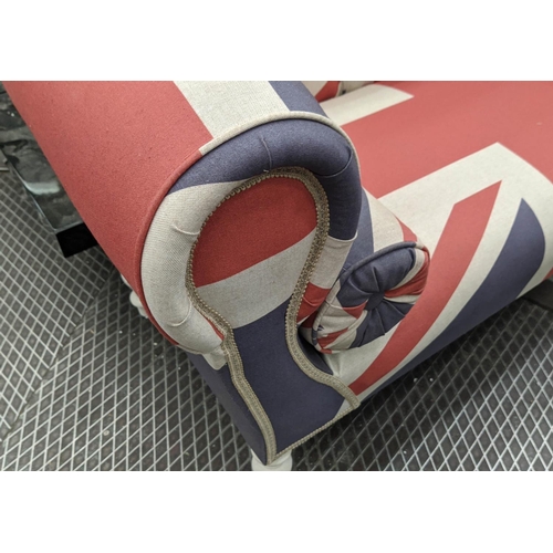 400 - SOFA, 140cm W, button back Victorian style, upholstered in a union jack printed upholstery.