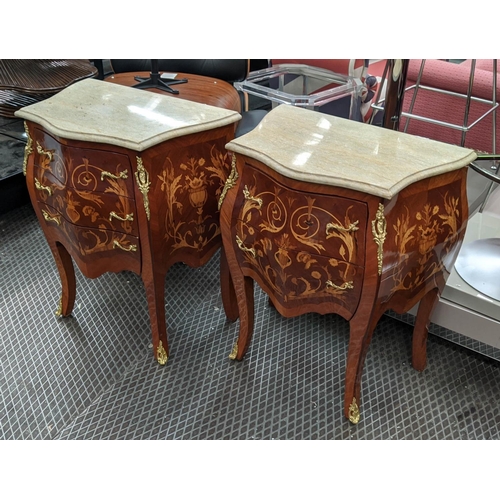 407 - PETITE COMMODES, a pair, 62cm x 40cm x 70cm, bombe design, marble toped, gilt mounts, each with thre... 