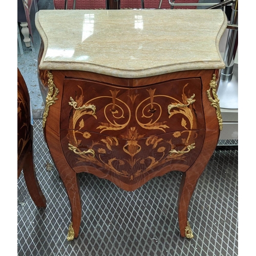 407 - PETITE COMMODES, a pair, 62cm x 40cm x 70cm, bombe design, marble toped, gilt mounts, each with thre... 