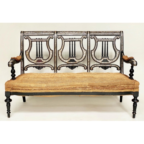 163 - 'MOORISH' BENCH, 19th century ebonised and mother of pearl inset with 'lyre' back and hessian cover,... 