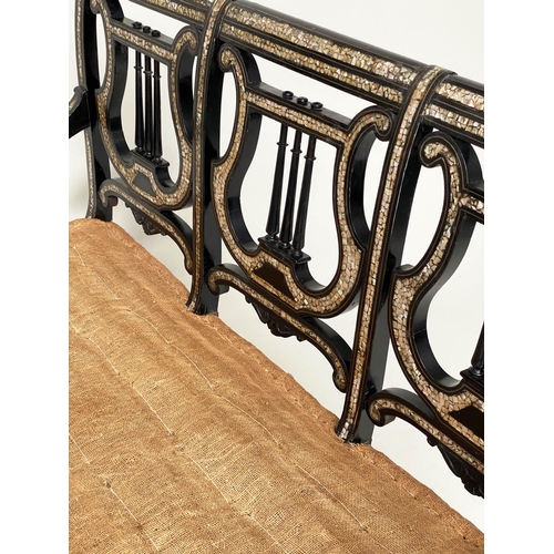 163 - 'MOORISH' BENCH, 19th century ebonised and mother of pearl inset with 'lyre' back and hessian cover,... 