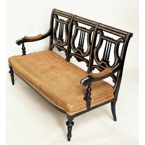 163 - 'MOORISH' BENCH, 19th century ebonised and mother of pearl inset with 'lyre' back and hessian cover,... 