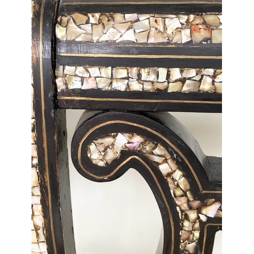 163 - 'MOORISH' BENCH, 19th century ebonised and mother of pearl inset with 'lyre' back and hessian cover,... 