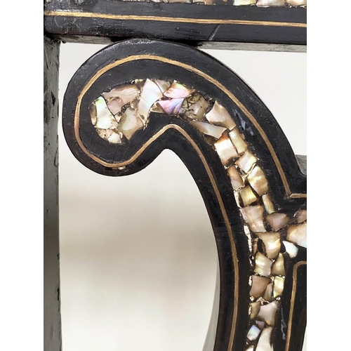 163 - 'MOORISH' BENCH, 19th century ebonised and mother of pearl inset with 'lyre' back and hessian cover,... 