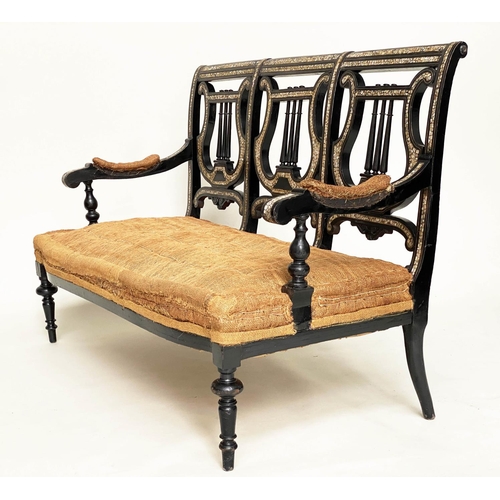 163 - 'MOORISH' BENCH, 19th century ebonised and mother of pearl inset with 'lyre' back and hessian cover,... 