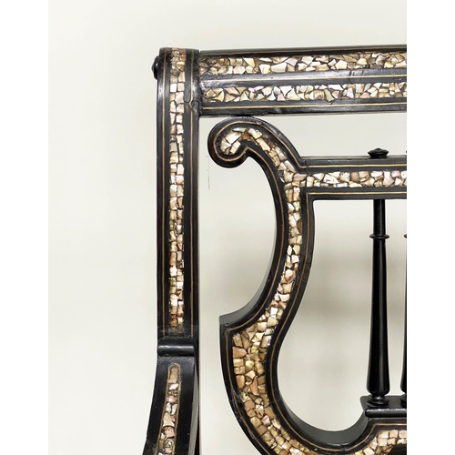 163 - 'MOORISH' BENCH, 19th century ebonised and mother of pearl inset with 'lyre' back and hessian cover,... 