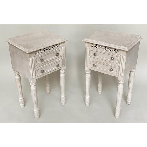 166 - BEDSIDE CHESTS, a pair, French traditionally grey painted with pierced frieze and two drawers, 40cm ... 