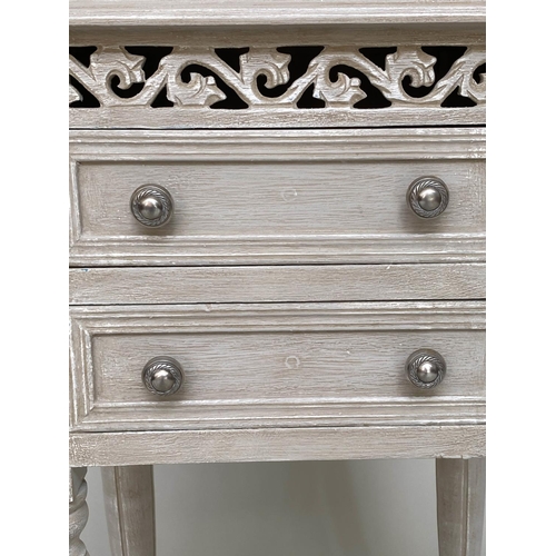 166 - BEDSIDE CHESTS, a pair, French traditionally grey painted with pierced frieze and two drawers, 40cm ... 