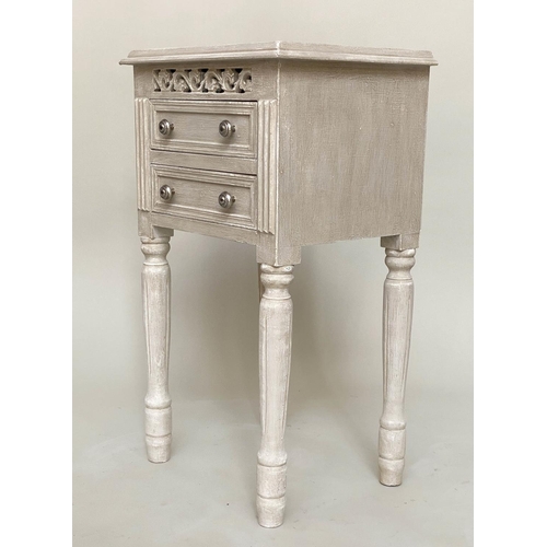 166 - BEDSIDE CHESTS, a pair, French traditionally grey painted with pierced frieze and two drawers, 40cm ... 