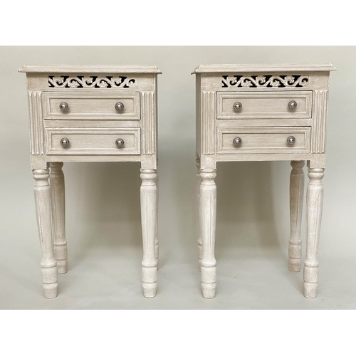 166 - BEDSIDE CHESTS, a pair, French traditionally grey painted with pierced frieze and two drawers, 40cm ... 