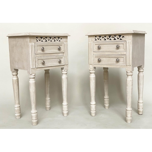 166 - BEDSIDE CHESTS, a pair, French traditionally grey painted with pierced frieze and two drawers, 40cm ... 