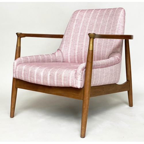 289 - JULIAN CHICHESTER FIG ARMCHAIR, walnut with Robert Kime linen upholstery, 79cm W.