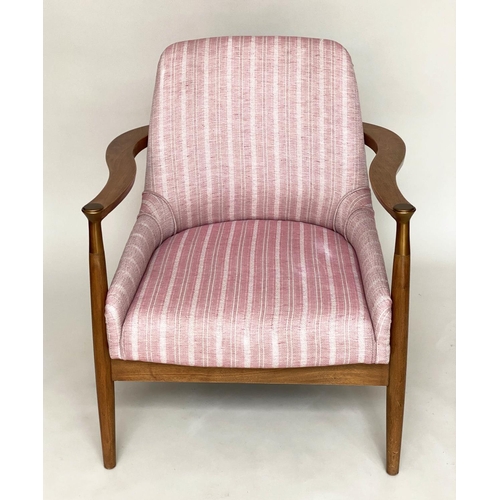 289 - JULIAN CHICHESTER FIG ARMCHAIR, walnut with Robert Kime linen upholstery, 79cm W.