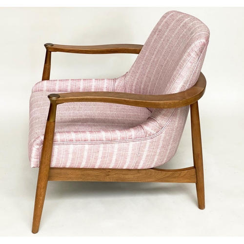 289 - JULIAN CHICHESTER FIG ARMCHAIR, walnut with Robert Kime linen upholstery, 79cm W.