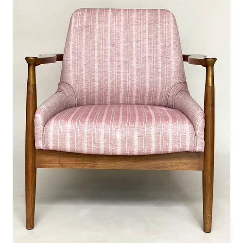 289 - JULIAN CHICHESTER FIG ARMCHAIR, walnut with Robert Kime linen upholstery, 79cm W.