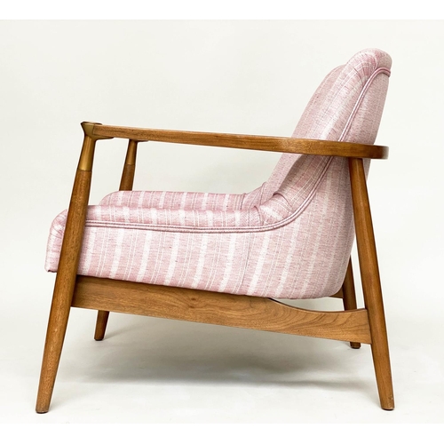 289 - JULIAN CHICHESTER FIG ARMCHAIR, walnut with Robert Kime linen upholstery, 79cm W.