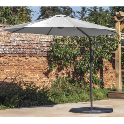 413 - CANTILEVERED GARDEN PARASOL, Grey fabric, includes base, 300cm x 245cm H x 300cm.