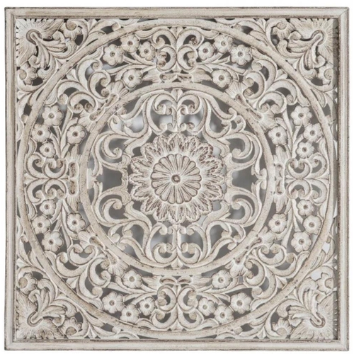 422 - WALL PLAQUE, Moroccan inspired pierced and carved design, washed finish, 121cm W x 121cm H x 5cm D.