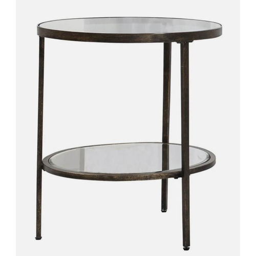 424 - SIDE TABLE, aged bronzed metal and mirror, 2 tier, 60cm H x 50cm W x 50cm D.