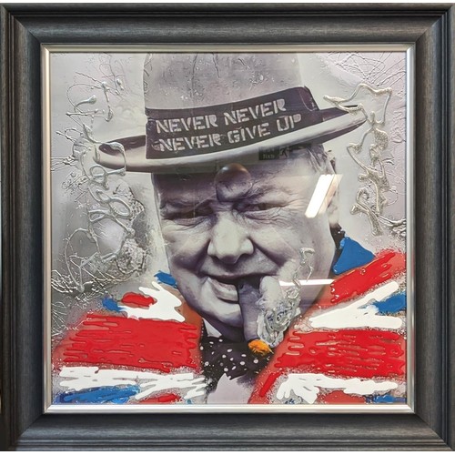 386 - CONTEMPORARY SCHOOL, portrait of Churchill, photoprint, with relief detail, framed, 86cm x 86cm.