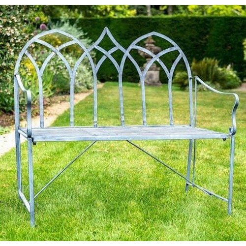 341 - GARDEN BENCH, 103cm high, 104cm wide, 55cm deep, in the Gothic design, lead grey coloured metal fram... 