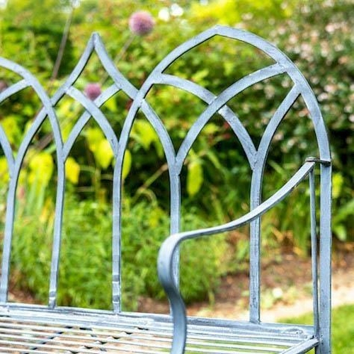 341 - GARDEN BENCH, 103cm high, 104cm wide, 55cm deep, in the Gothic design, lead grey coloured metal fram... 