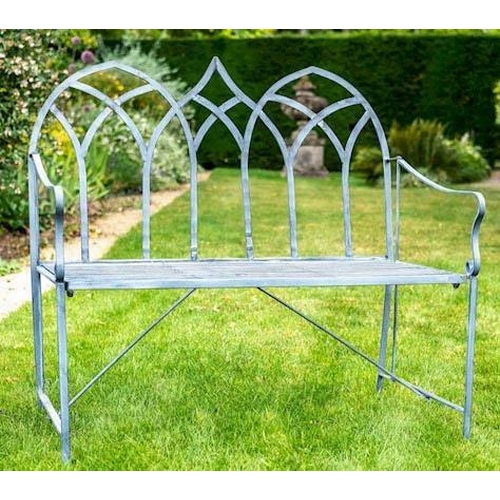 341 - GARDEN BENCH, 103cm high, 104cm wide, 55cm deep, in the Gothic design, lead grey coloured metal fram... 