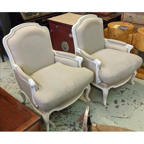 384 - COACH HOUSE ARMCHAIRS, a pair, grey fabric upholstered with white painted frames, 70cm x 66cm x 96cm... 