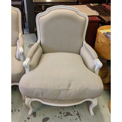 384 - COACH HOUSE ARMCHAIRS, a pair, grey fabric upholstered with white painted frames, 70cm x 66cm x 96cm... 