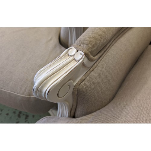 384 - COACH HOUSE ARMCHAIRS, a pair, grey fabric upholstered with white painted frames, 70cm x 66cm x 96cm... 