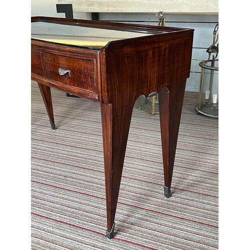 195 - BIJOUTERIE TABLE, 115cm W x 76cm H x 47cm D Art Deco manner with a glass top above three drawers on ... 