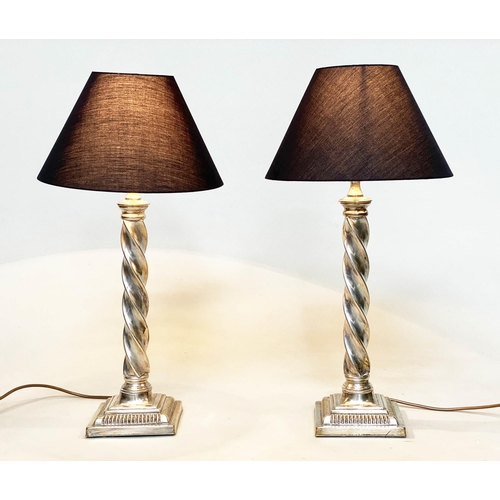 102 - COLUMN LAMPS, a pair, barley twist silvered column and stepped bases, 76cm H. (2)