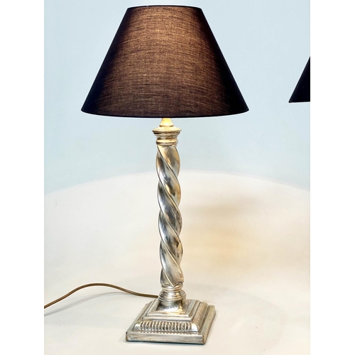 102 - COLUMN LAMPS, a pair, barley twist silvered column and stepped bases, 76cm H. (2)