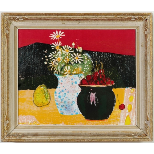 41 - RENE GENIS CERISE, Fleurs et poire, off set lithograph, French vintage frame, 36.5cm x 45cm.