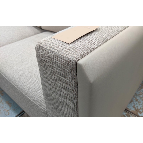 366 - SOFA, contemporary design with faux marble side upholstered in two grey fabrics, grey leather exteri... 