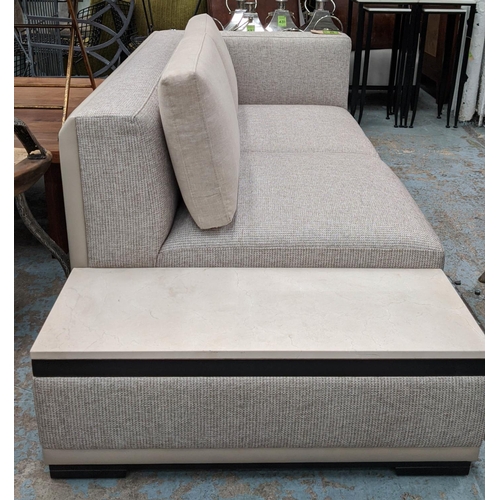 366 - SOFA, contemporary design with faux marble side upholstered in two grey fabrics, grey leather exteri... 