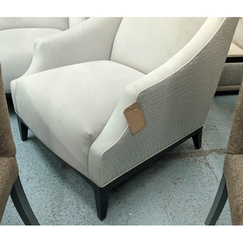 365 - ARMCHAIRS, a pair, 71cm W, grey velvet with patterned fabric exterior. (2)