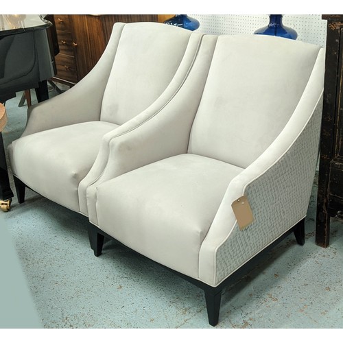 365 - ARMCHAIRS, a pair, 71cm W, grey velvet with patterned fabric exterior. (2)